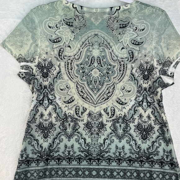 World Unity Womens Sage Green Navy Paisley Scoop Neck Rhinestone Knit Top Medium - Picture 5 of 7